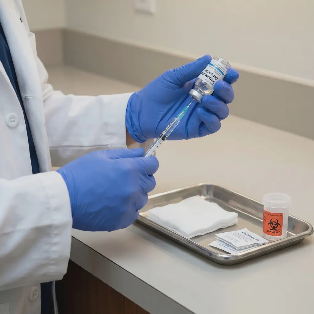 Medical professional preparing a testosterone injection in a clinical setting