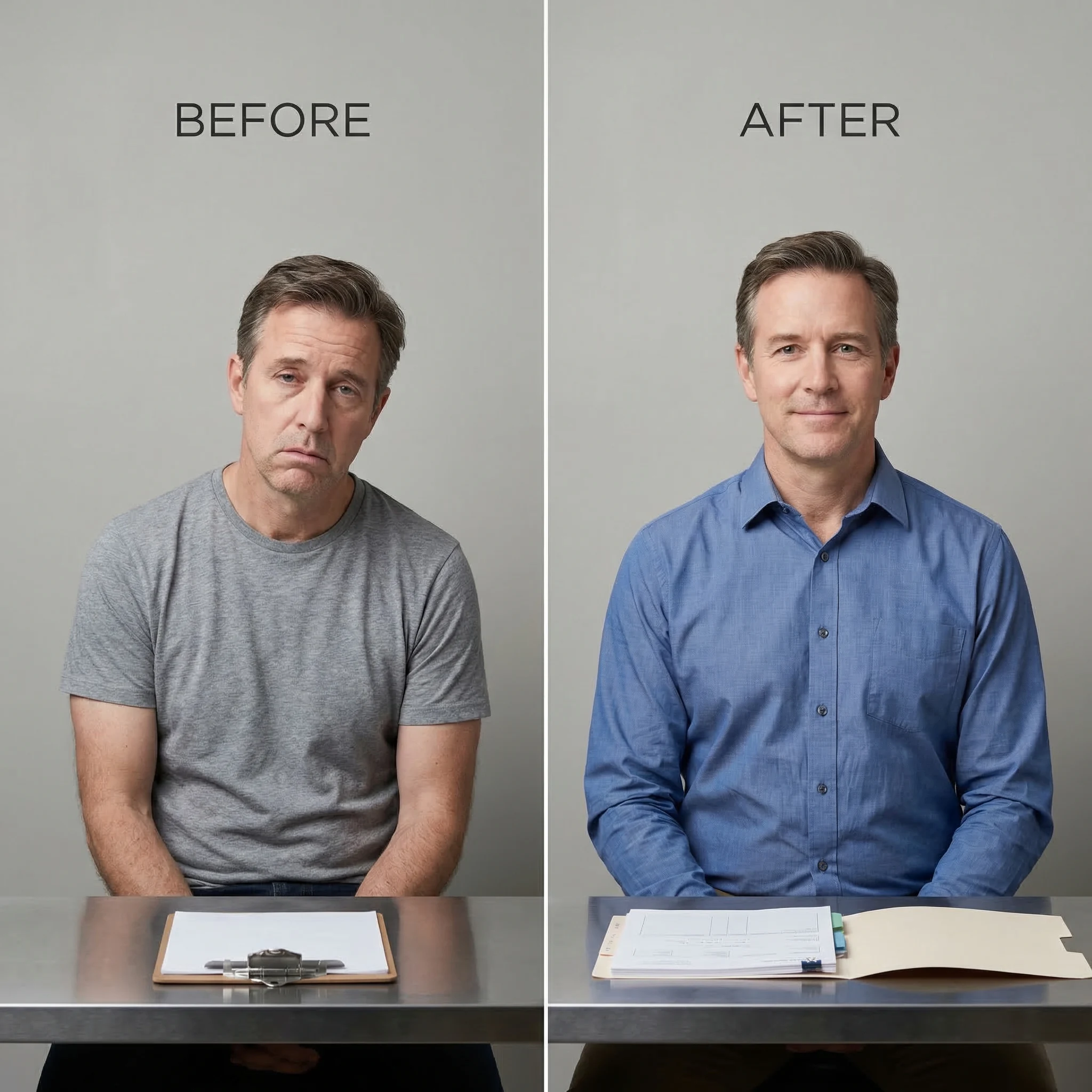 Before and after comparison showing improved vitality and energy from testosterone replacement therapy