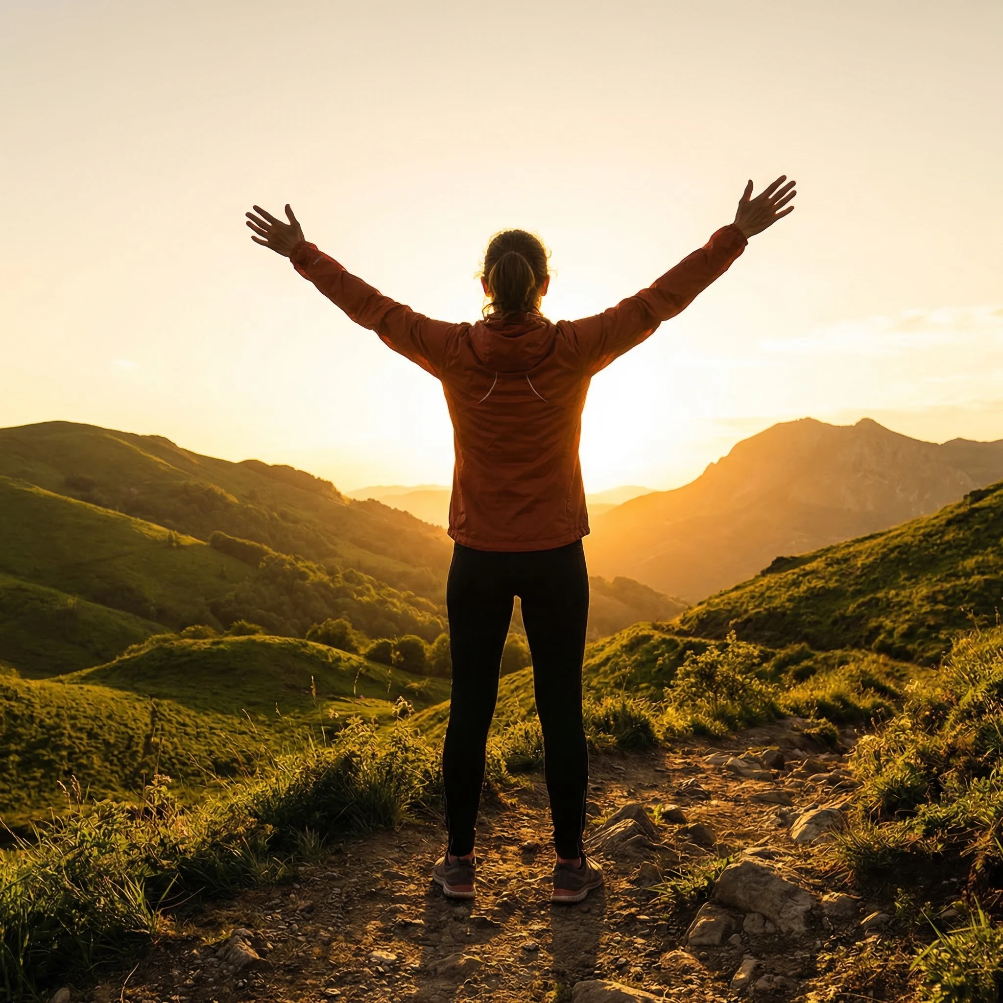 Vibrant energetic person with arms raised in triumph showing renewed life and vitality after TRT treatment