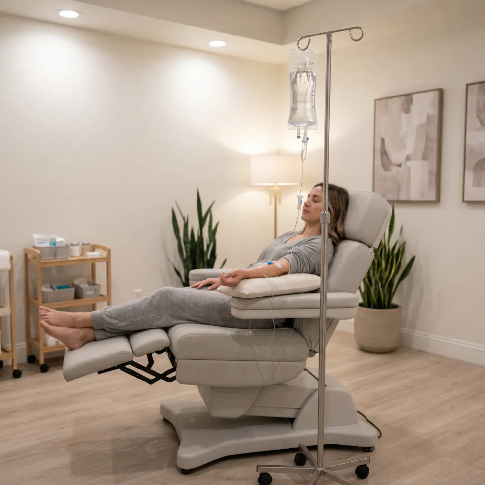 Client relaxing during an IV therapy infusion in a Beautiful Body and Beyond treatment room
