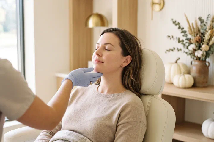 Provider gently tilting the chin of a serene woman with softly defined lips and smooth cheeks in a cream treatment chair at Beautiful Body and Beyond