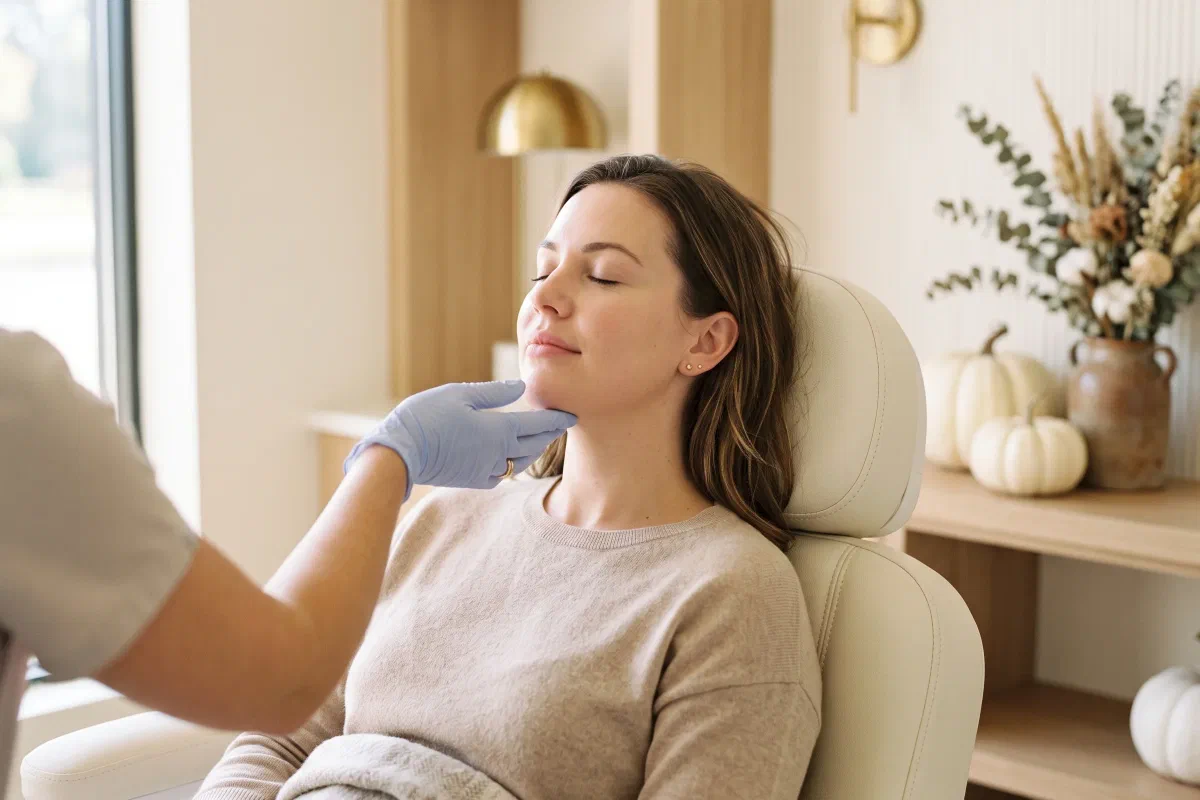 Provider gently tilting the chin of a serene woman with softly defined lips and smooth cheeks in a cream treatment chair at Beautiful Body and Beyond