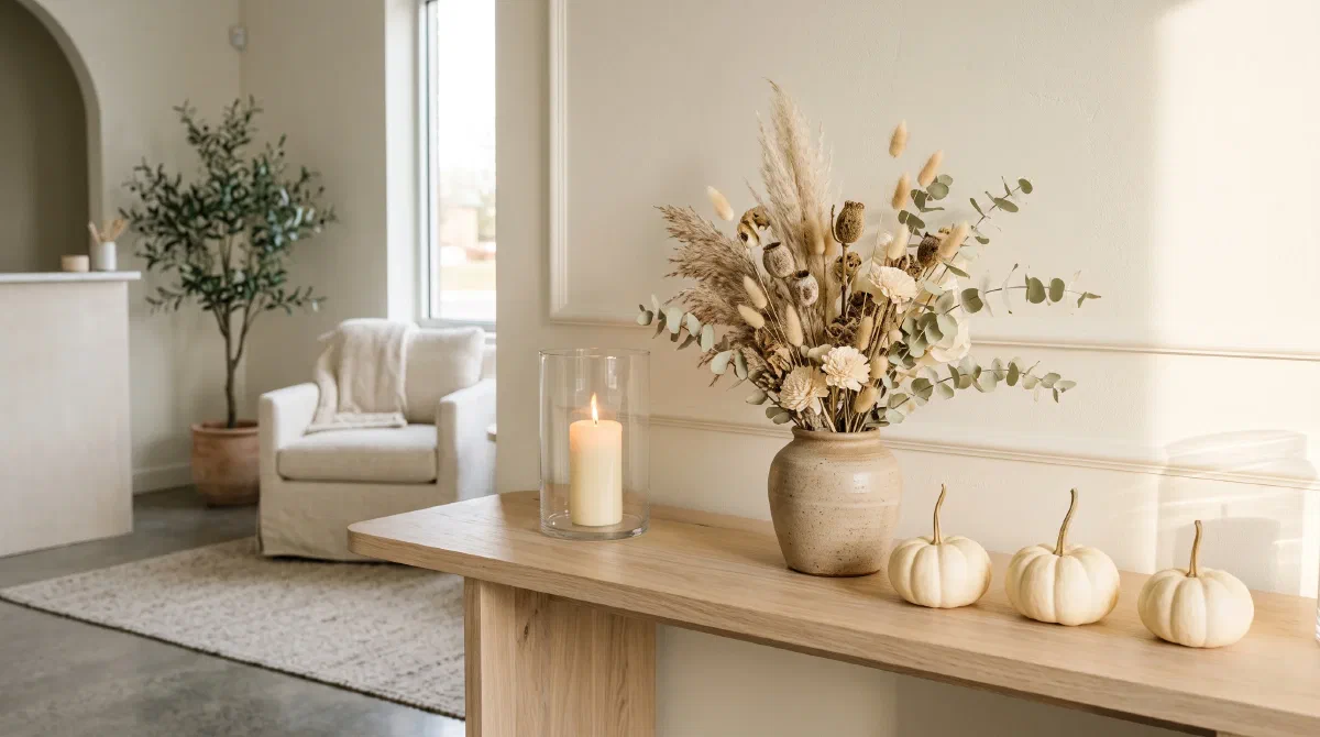 Cream-white pumpkins, dried florals and a candle on a pale wood console at Beautiful Body and Beyond in Corona, CA, for the October 2026 specials