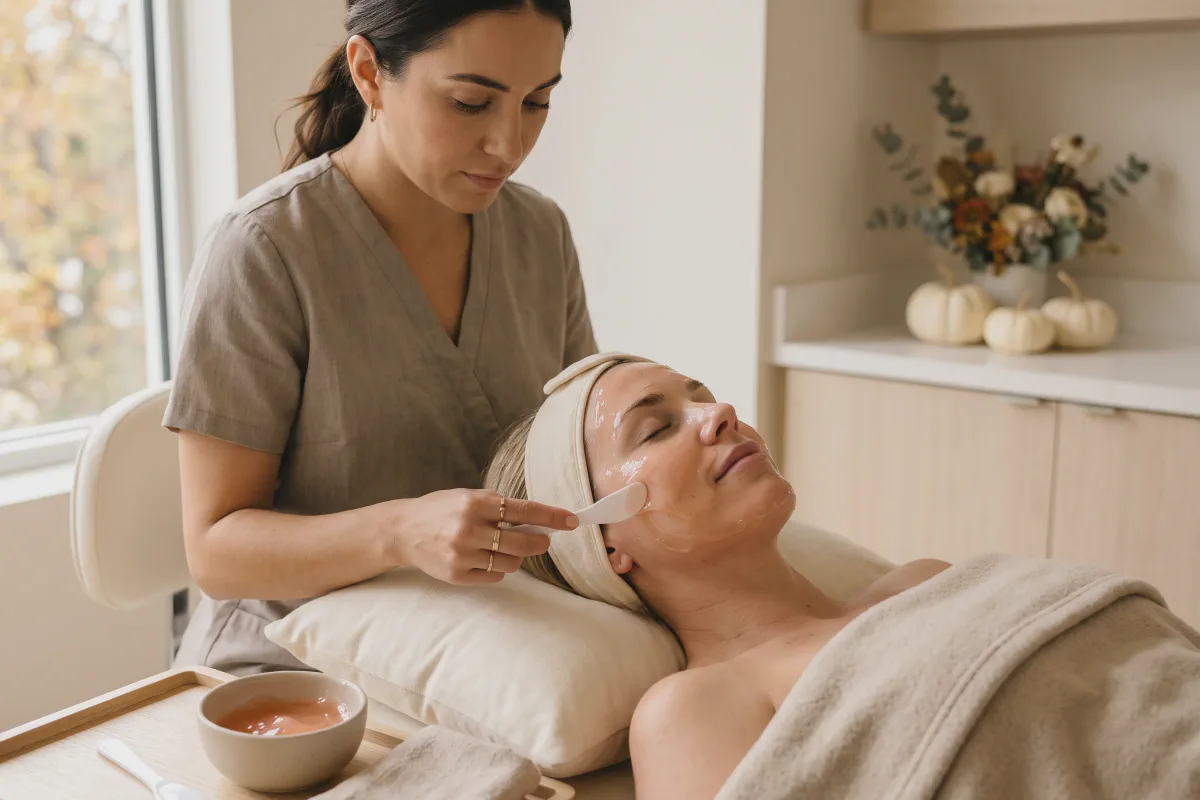 Aesthetician smoothing a translucent peach-toned jelly mask over the cheek of a reclined client at Beautiful Body and Beyond in Corona, CA