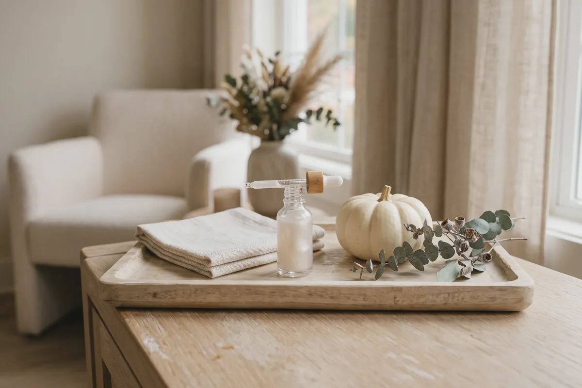 Glass vial and dropper of pearlescent serum on a pale wood tray with a folded towel, a cream-white pumpkin and dried eucalyptus at Beautiful Body and Beyond