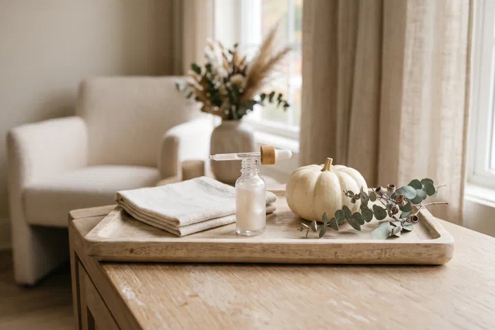 Glass vial and dropper of pearlescent serum on a pale wood tray with a folded towel, a cream-white pumpkin and dried eucalyptus at Beautiful Body and Beyond