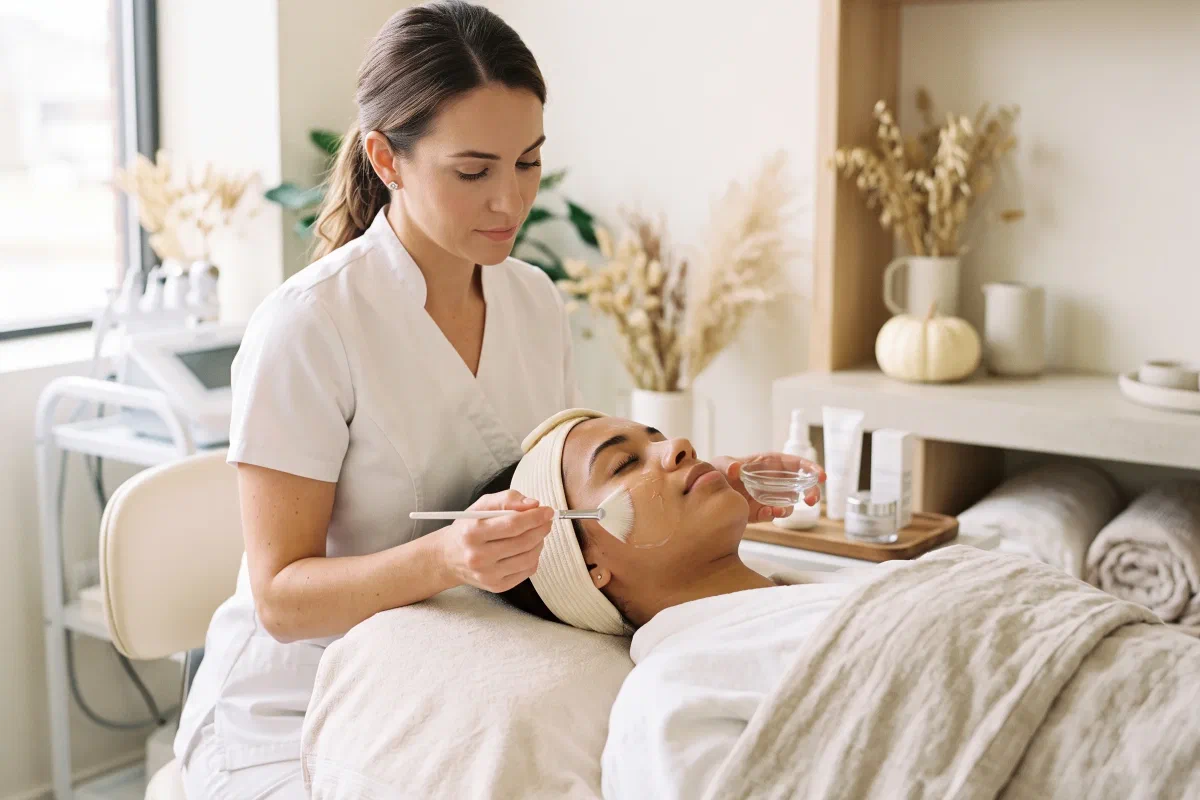 Aesthetician applying a peel solution with a soft fan brush to the cheek of a reclined client at Beautiful Body and Beyond in Corona, CA