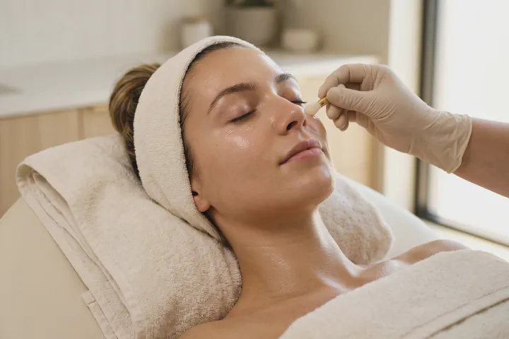 Aesthetician applying a hydrating serum beneath a reclined client's eye at Beautiful Body and Beyond