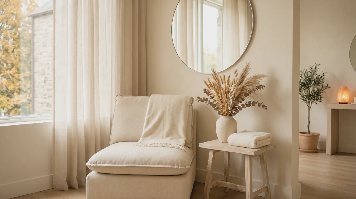 Sunlit treatment room at Beautiful Body and Beyond in Corona, CA, with a cream lounge chair and dried wheat in a ceramic vase