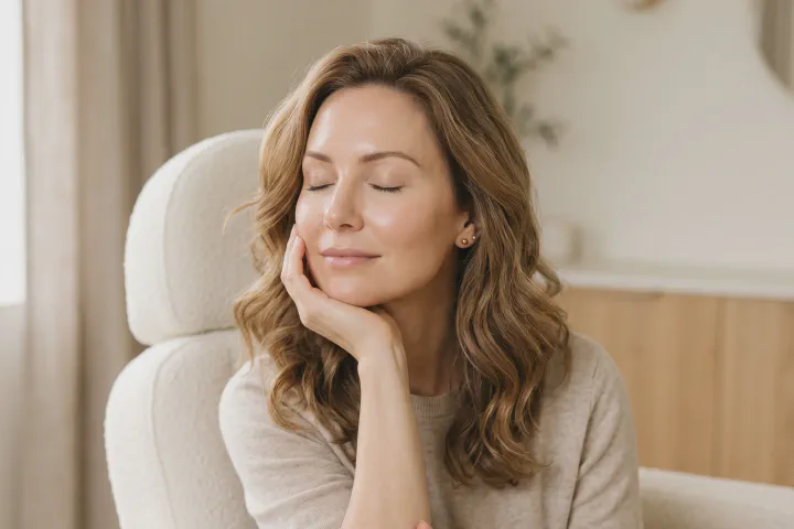 Woman with smooth, naturally volumized cheeks resting her chin on her hand in a cream treatment chair at Beautiful Body and Beyond