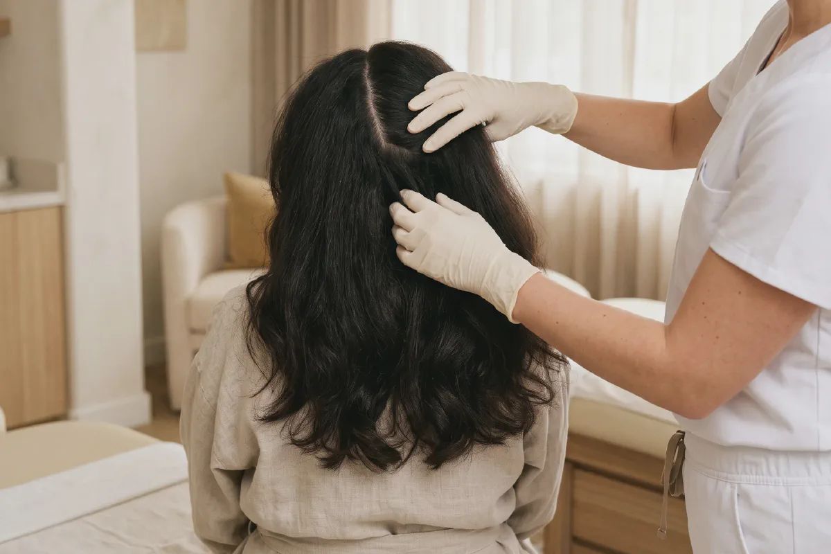 Aesthetician parting a client's glossy dark hair to examine the scalp in a cream treatment room